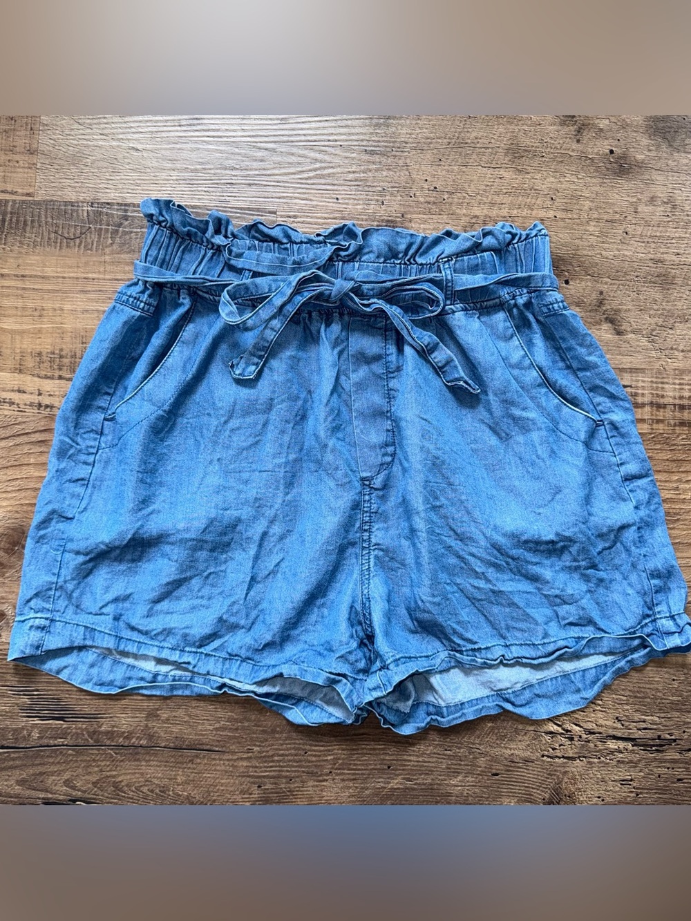 Women's Blue Shorts Medium High Waist Tie Lightweight Paper Bag Elastic Pockets